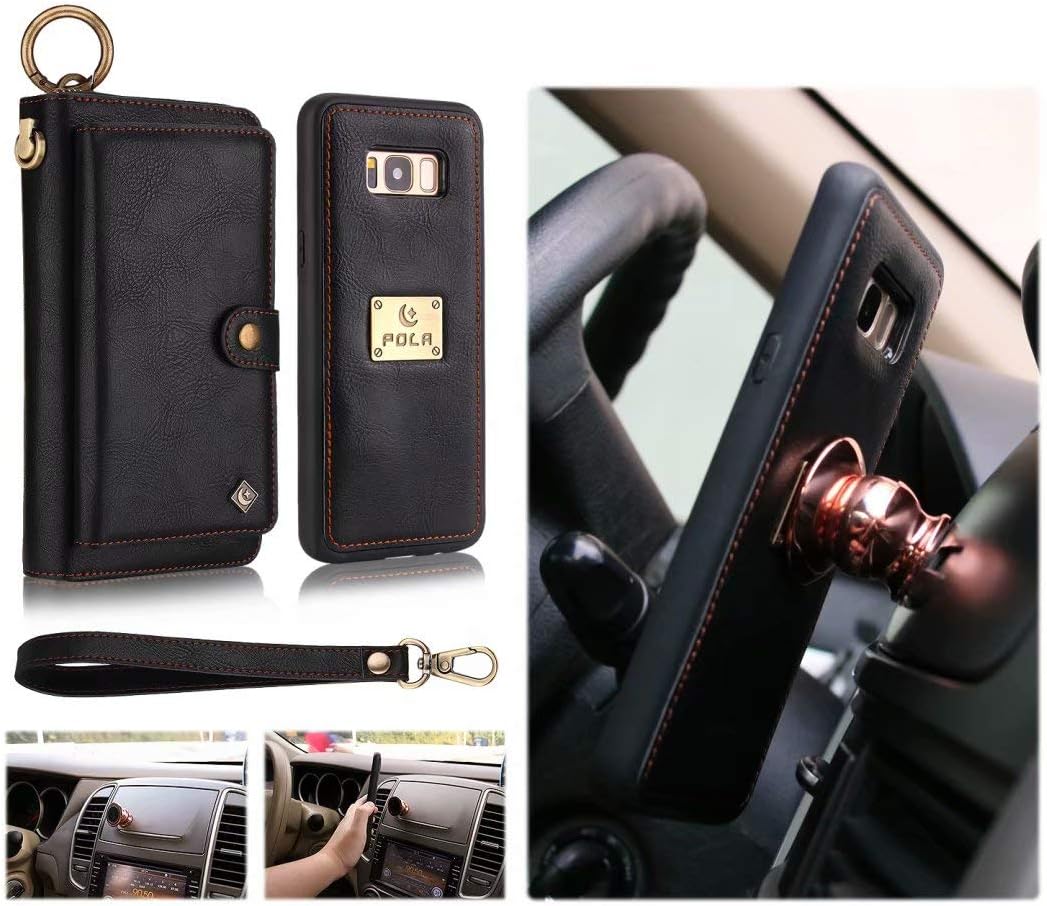 Petocase Compatible Galaxy S8 Wallet Case, Multi-Functional PU Leather Zip Wristlets Clutch Detachable Magnetic 13 Card Slots 4 Cash Purse Protection Back Cover for Samsung Galaxy S8 Black