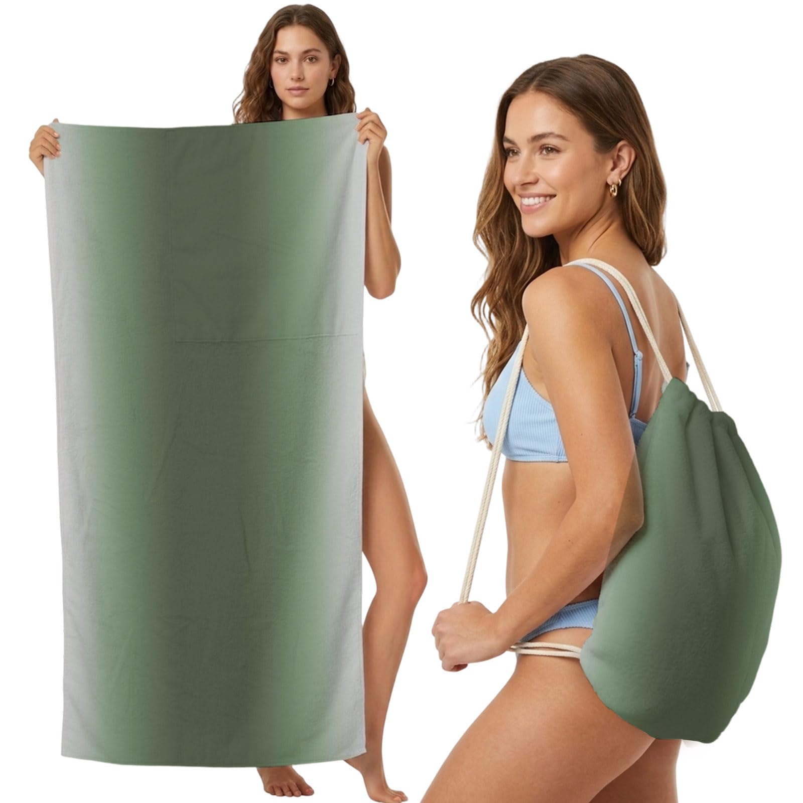 Beach Towel Bag 2 in 1 Green Solid Color Bath Pool Towels Backpack Gradient Color Absorbent Beach Towel Soft Quick Dry Lightweight Packable Towels Drawstring Bag for Travel Camping Sports Yoga Picnic
