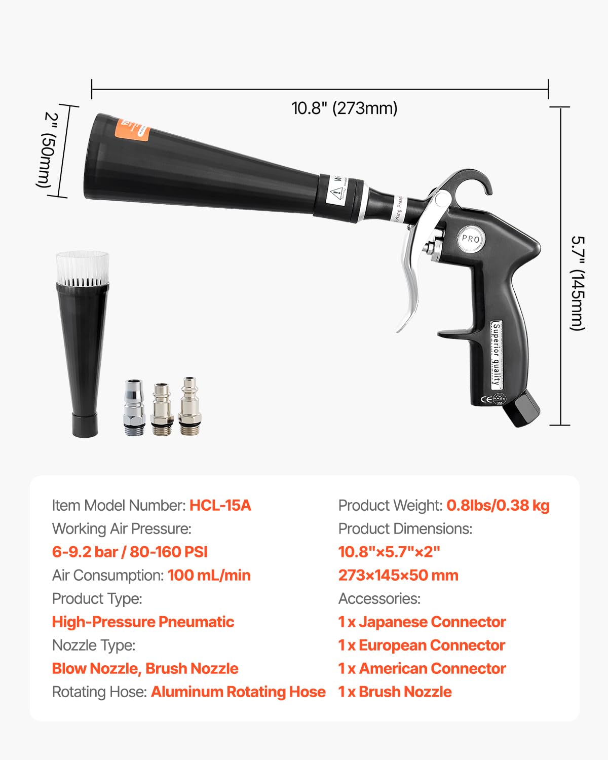 VEVOR Pistolet Nettoyage Voiture à Air Haute Pression 6-9,2 Bars avec 2 Buses, Tuyau Rotatif Aluminium, pour Élimination Saleté Poussière Surface, Fonctionne avec Compresseur d'air 1/4 NPT Non Inclus