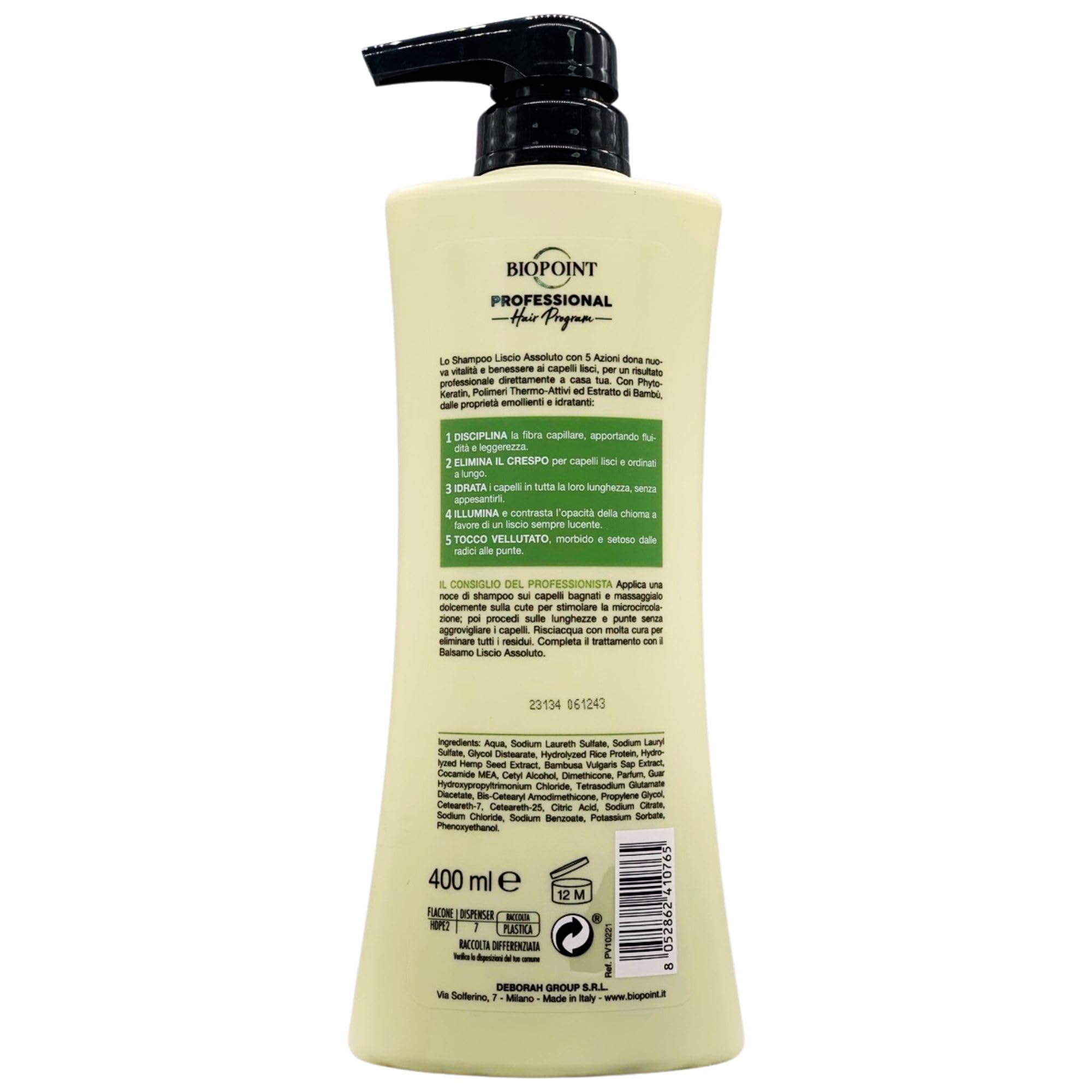 Shampoo LISCIO ASSOLUTO Con Phyto-Keratin, Ultra Setosità, Per Capelli Lisci. 5 Azioni: Disciplina, Elimina Il Crespo, Idrata, Illumina, Tocco Vellutato 400ml (4 Flaconi)