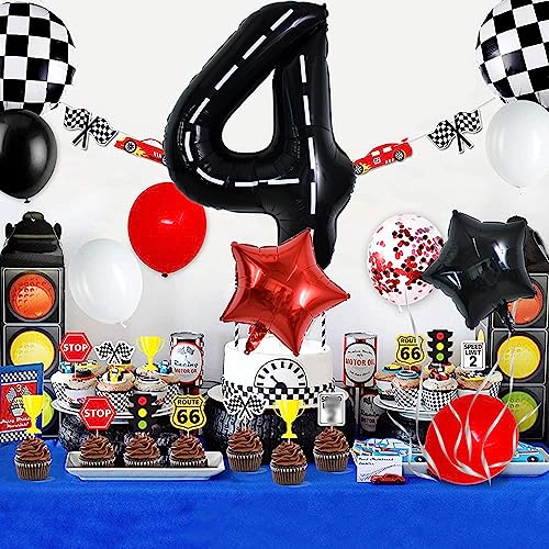 Image of TONIFUL 40 Inch Race Car 4th Birthday Balloons Racetrack Number 4 Black & White Checkered Balloons Boys Car Themed Birthday Party Decor