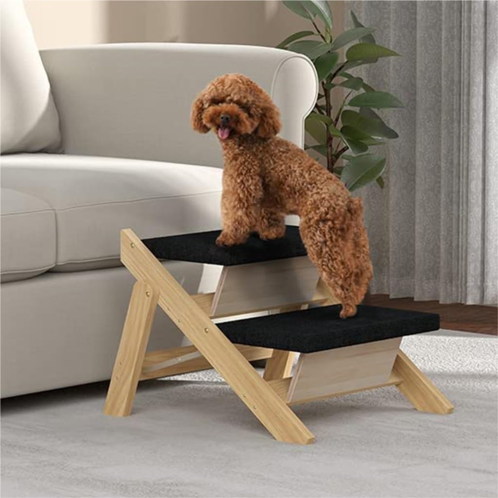 Easy to Clean Wooden Dog Ladder Outdoor Indoor Portable Two-Story Dog Ladder Cat Ladder Pet Ladder Pet Step Staircase Cat Activity Center(Black)