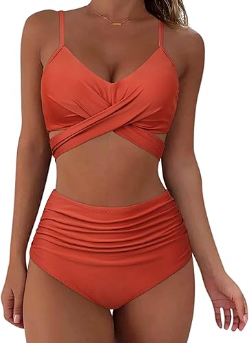 SUUKSESS - Traje de baño tipo bikini para mujer, 2 piezas, entrecruzado, de tiro alto, con efecto de realce