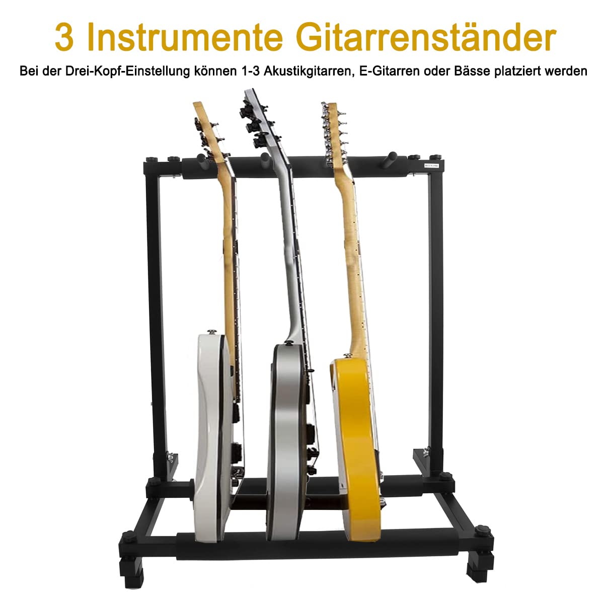 Support de guitare 3 positions - Support de guitare - Pliable avec roulettes - Support multi-guitare pour guitare acoustique, guitare classique, basse acoustique, guitare électrique