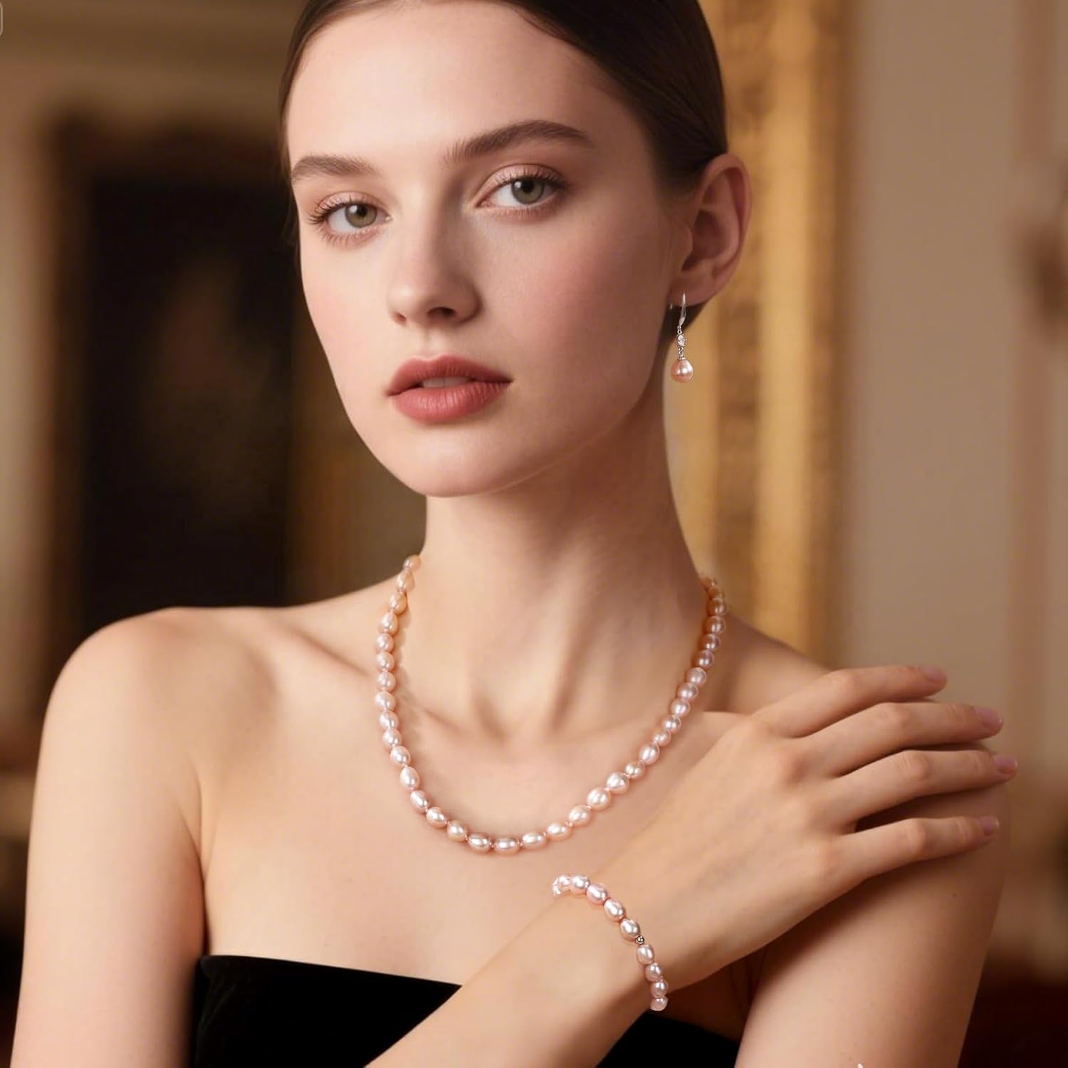 YAMI Pearl Necklace and Earrings Set, Black/Purple/White Pearl Jewelry Set, Natural Cultured Pearls with 925 Sterlings Silver - Image 2