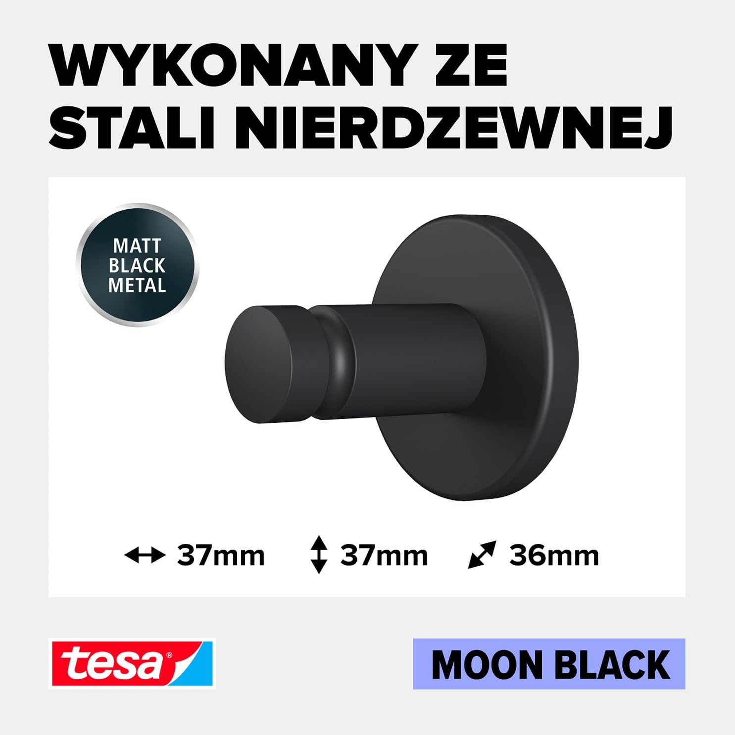 tesa MOON BLACK haczyk na ręcznik, czarny mat - do łazienek w stylu industrialnym - bez wiercenia, samoprzylepny - 37 mm x 37 mm x 36 mm
