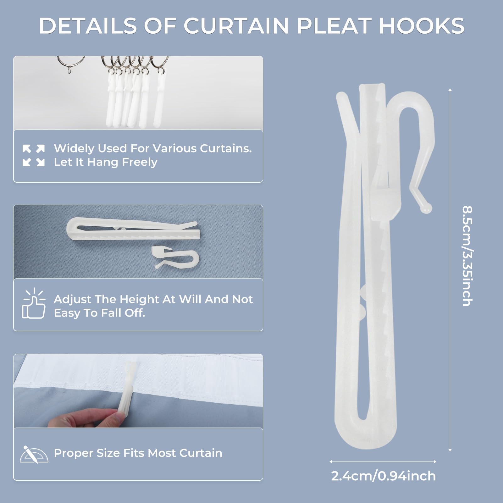 TERRIFI 100 PCS Plastic Curtain Hooks, Adjustable Pinch Pleat Hooks for Curtains, 85mm/3.35inch, Ratchet System, Suitable for Window, Door & Shower Curtains