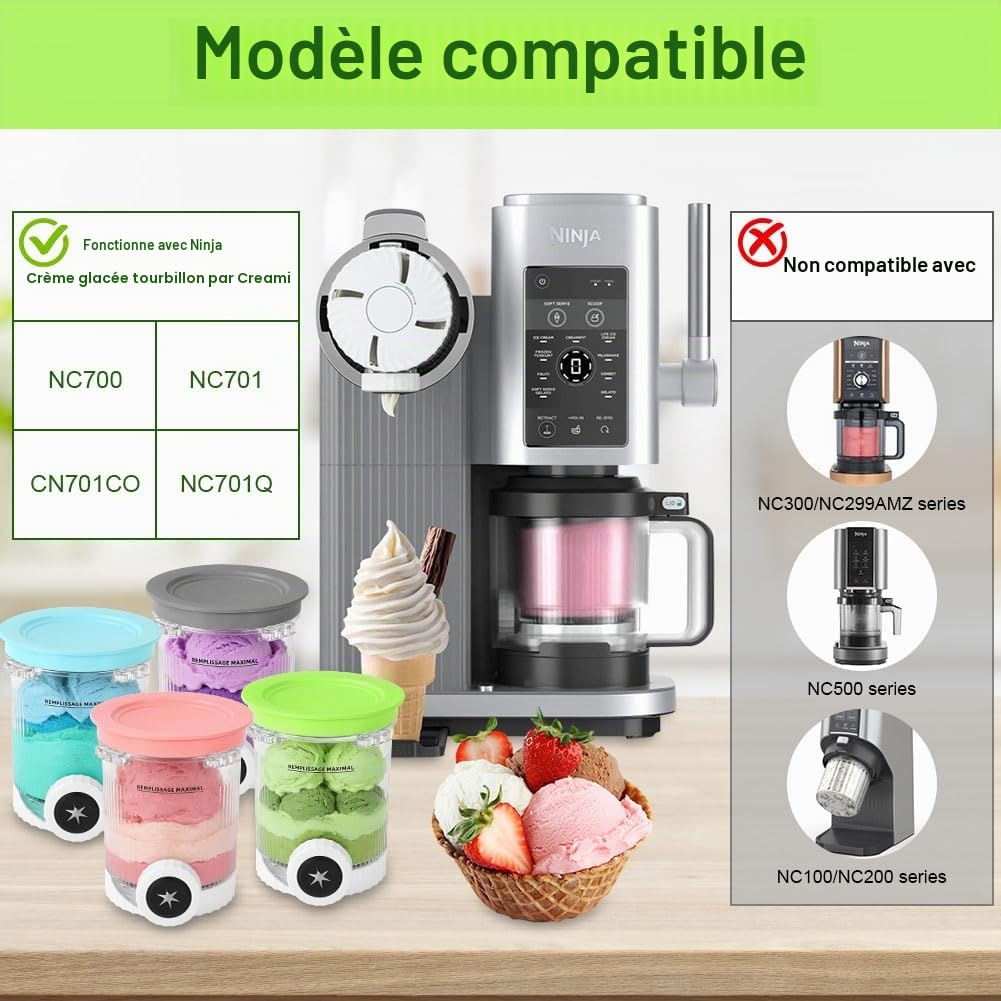 Contenant de Crème Glacée, 4 Pièces Récipient à Crème Glacée, 473 ML Récipient avec Couvercle Accessoires pour Ninja CREAMi Swirl NC700 et NC701, Sans BPA et Lave-Vaisselle