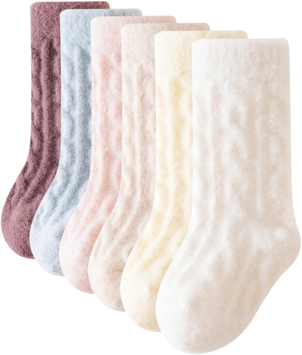 6 Pairs Kids Merino Wool Thermal Socks for Cute Baby Toddler Boys Girls Winter Bed Socks Thick Warm Heavy Cosy Crew Boot Aged 0-3 Years