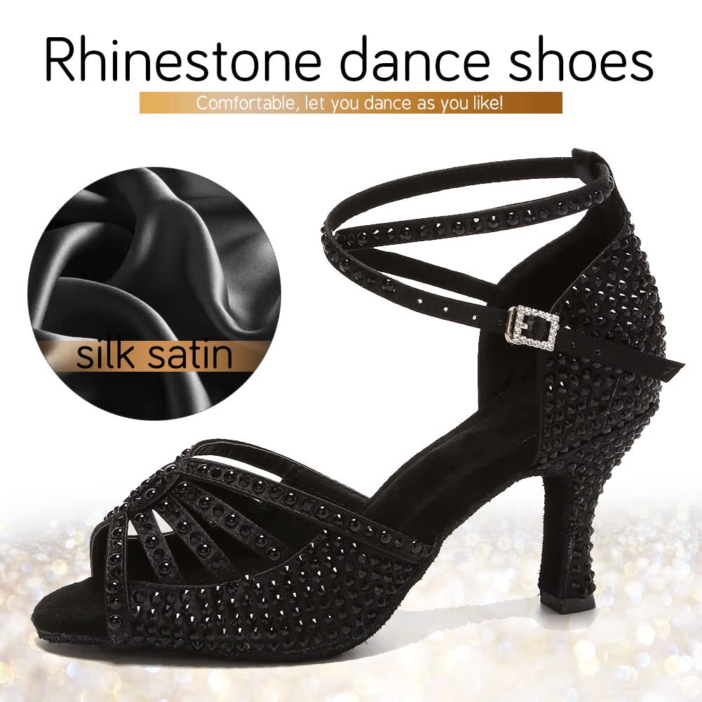 JUODVMP Strass Latein Tanzschuhe Damen Satin Chacha Schuhe Weihnachtsfeier Hoher Absatz