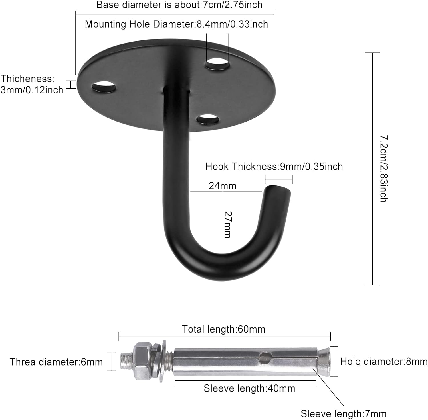 2 PCS Stainless Steel Heavy Duty Ceiling Hooks with Expansion Bolts, Wall Mount Pad Eye Plate Top Hook Hanging Hardware for Yoga Hammock Sandbag etc (J Type Large Hook)