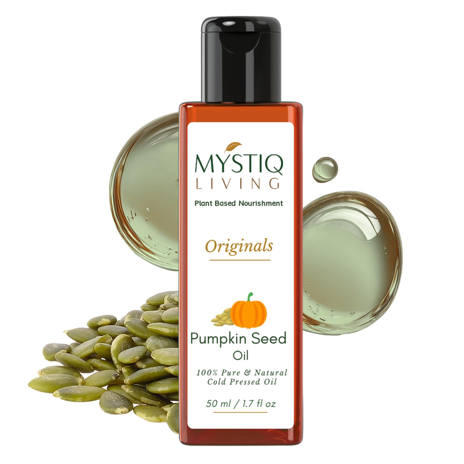 Mystiq Living Pumpkin Seed Oil for Hair Growth & Hairfall Control – 50ml | 100% Pure Cold Pressed, Third-Party Tested | Rich in Zinc, Omega 3, 6 & Vitamin E | DHT Blocker for Hair, Skin & Scalp