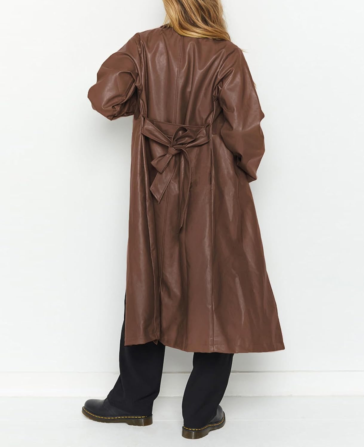 Women's Casual PU Leather Long Jacket Lapel Open Front Trench Coat with Belt - Image 4