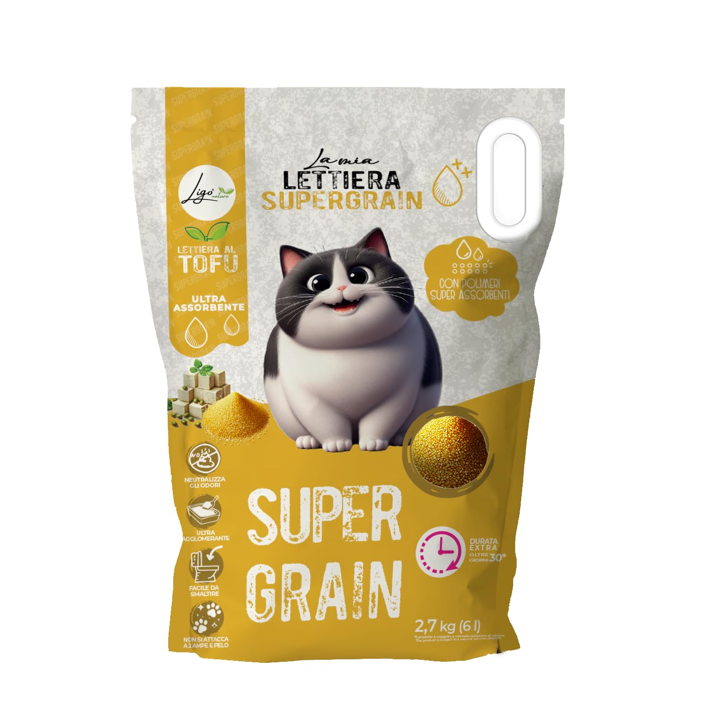Ligo Nature Lettiera Supergrain gatto |Tofu neutro |ecologica|ultra assorbente|assorbimento rapido|controllo degli odori| 6 confezioni da 6 l (6 l, neutro)
