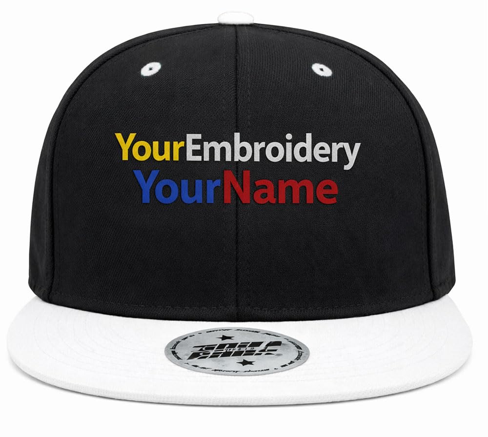 MFAZ Morefaz Ltd Snapback Cap Flat Peak Personalised Your Own Embroidery Hats Custom Name,Text Embroidered (Black-White)