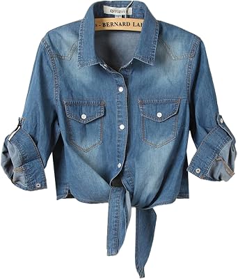 Flygo Womens Roll Up 3/4 Sleeve Tie Knot Chambray Denim Shirt Cardigan Crop Top Dark Blue, X-Large, x_l