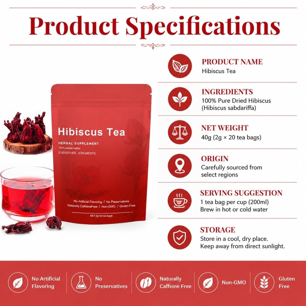 Bezchemiczna herbata ziołowa z hibiskusa i różyczką bez kofeiny | Naturalna owocowa herbata ziołowa bezglutenowa do codziennej pielęgnacji(3pcs)