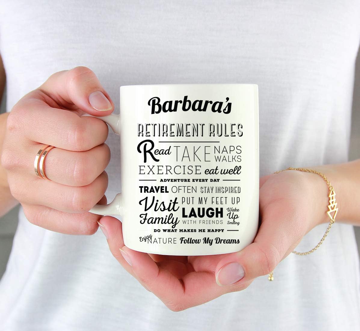 Andaz Press Personalized Name Funny Retirement 11oz. Coffee Mug Gift, Barbara's Retirement Rules, 1-Pack, Customizable Custom Novelty Cup Gifts Ideas for Him Her Coworker Employee Boss