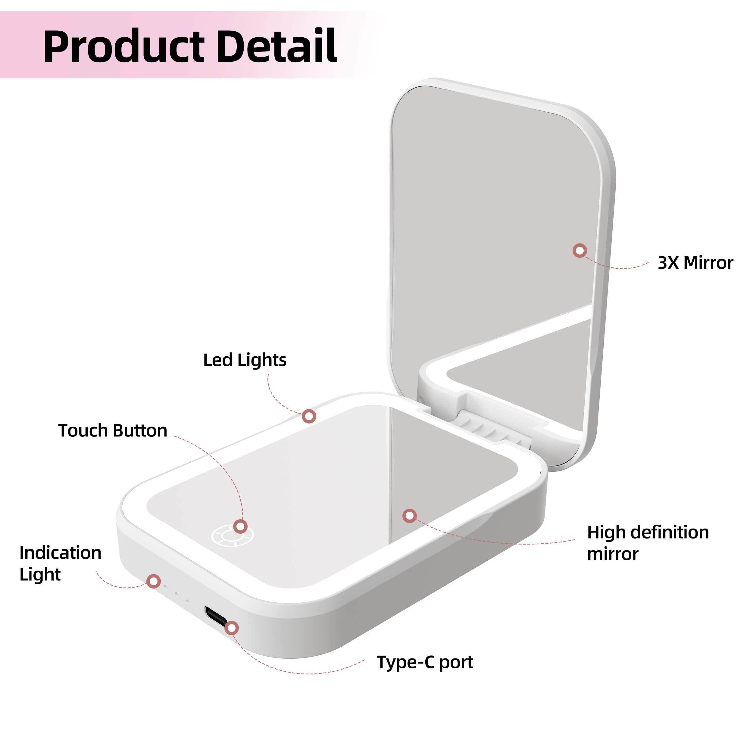 Specchio cosmetico con illuminazione a LED, specchio da trucco senza fili con power bank 5000 mAh, specchio da trucco ricaricabile 2 in 1, portatile per casa e viaggio