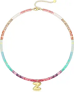 Beaded Initial Necklaces for Women Teen Girl Gifts Trendy Stuff Colorful Gemstone Choker Necklace with Bubble A-Z Stocking Stuffers for Teens Christmas Gifts for Her Birthday Summer Beach Jewelry for Daughter Sister Friend