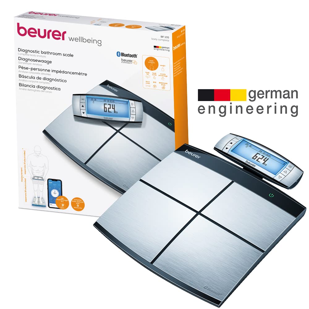 Beurer BF 105 Pèse-personne, Bodycomplete, analyse du corps entier, mesure la graisse corporelle et la masse musculaire, pèse-personne connecté avec application, écran XXL amovible