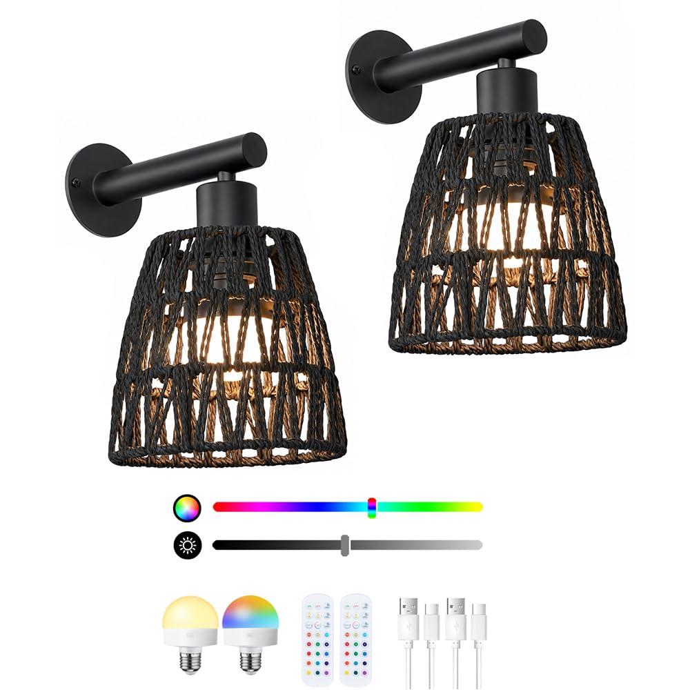Photo 1 of OIYIO Rattan Battery Operated Wall Sconces, Set of 2, RGB 15 Colors