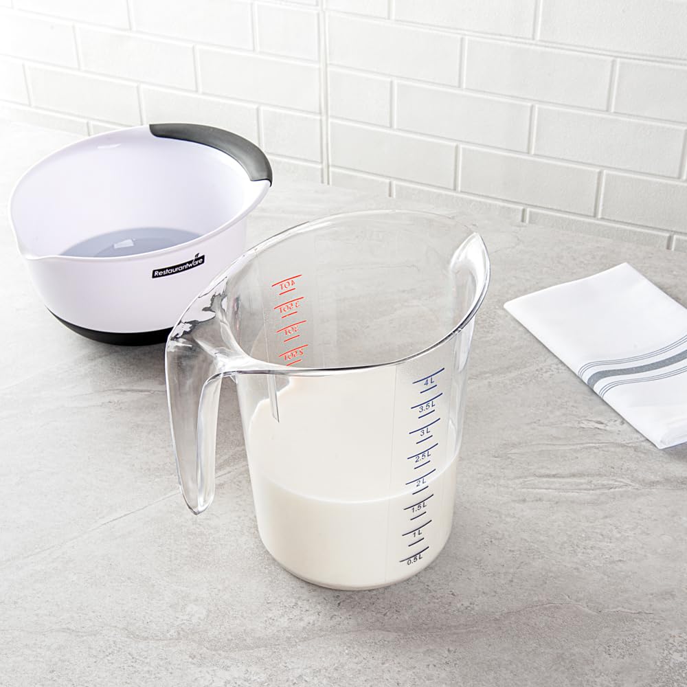 RW Base - Tarros medidores de 4 cuartos de galón, 10 vasos de medición duraderos, unidades métricas e imperiales, boquilla en forma de V, tazas medidoras de plástico transparente, mango con agarre