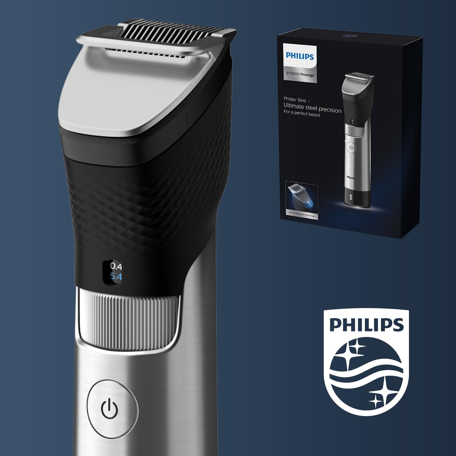 Philips Trymer do brody Philips Series 9000 Prestige z technologią SteelPrecision, 3-stopniowym wskaźnikiem naładowania baterii, czasem pracy do 120 minut / czasem ładowania 1 godzina, model BT9810/15