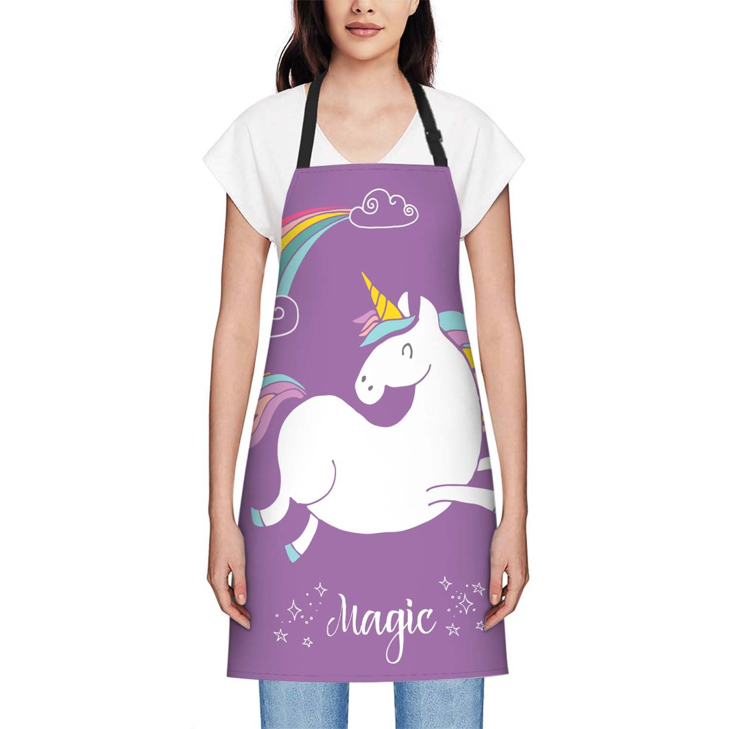 Smooffly Cute Magic Unicorn and Rainbow Apron,Adjustable Neck Bib Apron for Men Women,Suitable for Kitchen Cooking Waitress Chef Apron - Image 2