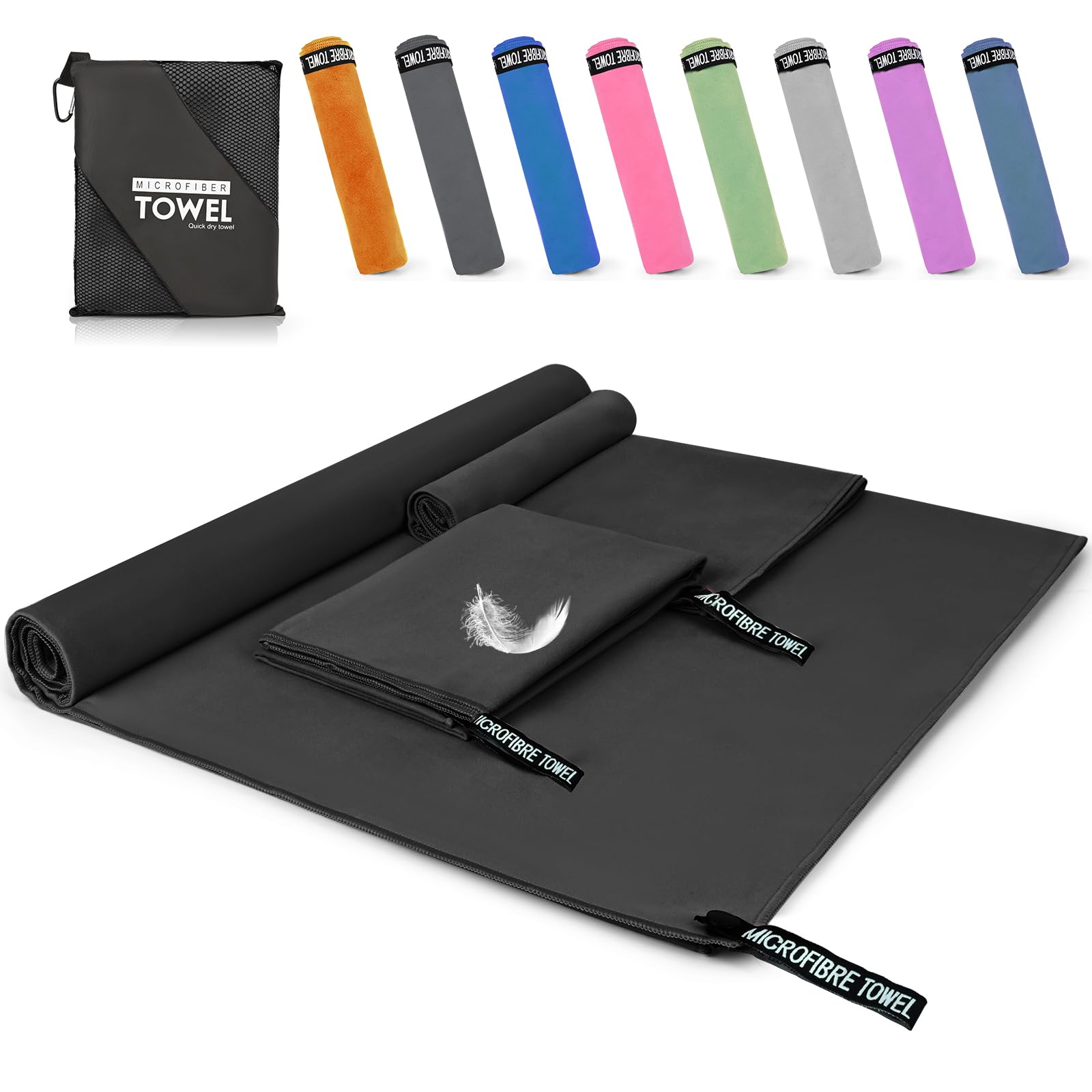 Pfloge® Asciugamano Microfibra Set di 3, 180x80cm Asciugamano Palestra Grande & 2 Pezzi 80x40cm Telo Mare Microfibra, Compatto & Ultraleggero, per Fitness, Sauna, Spiaggia, Viaggi(Nero)