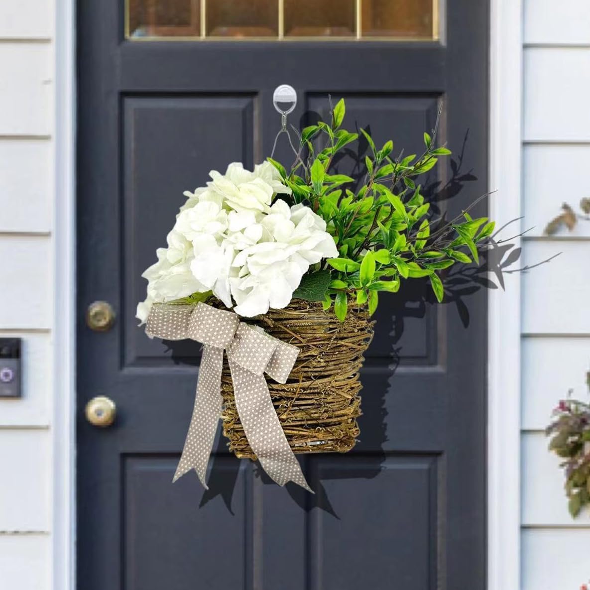 Wildflowers Basket Wreaths for Front Door, Spring Door Hanging Baskets Artificial Flowers Wreath Hanging Ornament for Farmhouse Window Porch Door Decor (C)