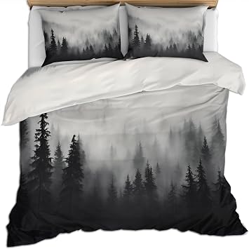 Gray Forest Queen Duvet Cover Set Misty Landscape Bedding Set, Tree Silhouettes Comforter Cover for Kids Boy Women Teen Girl, Bedroom Decor 3 Piece