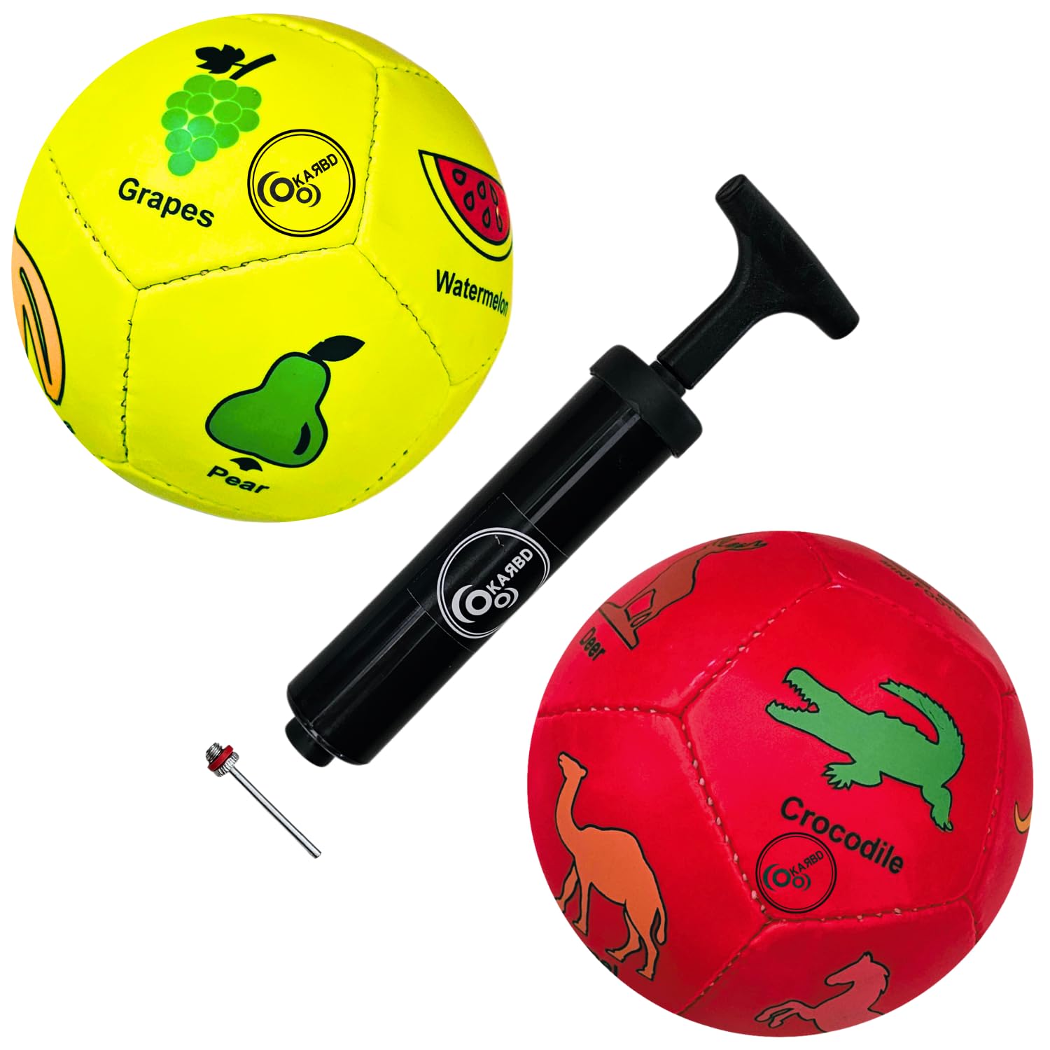 KARBD Combo Set of 2 Football with Air Pump and Needle Pin - 12 Panel Ball for Turf & Soft Ground, PVC, Toddlers Age 1-2-3 & Small Kids Play Size 1 Mini, Red Animals & Lemon Fruits Learning-picture-14