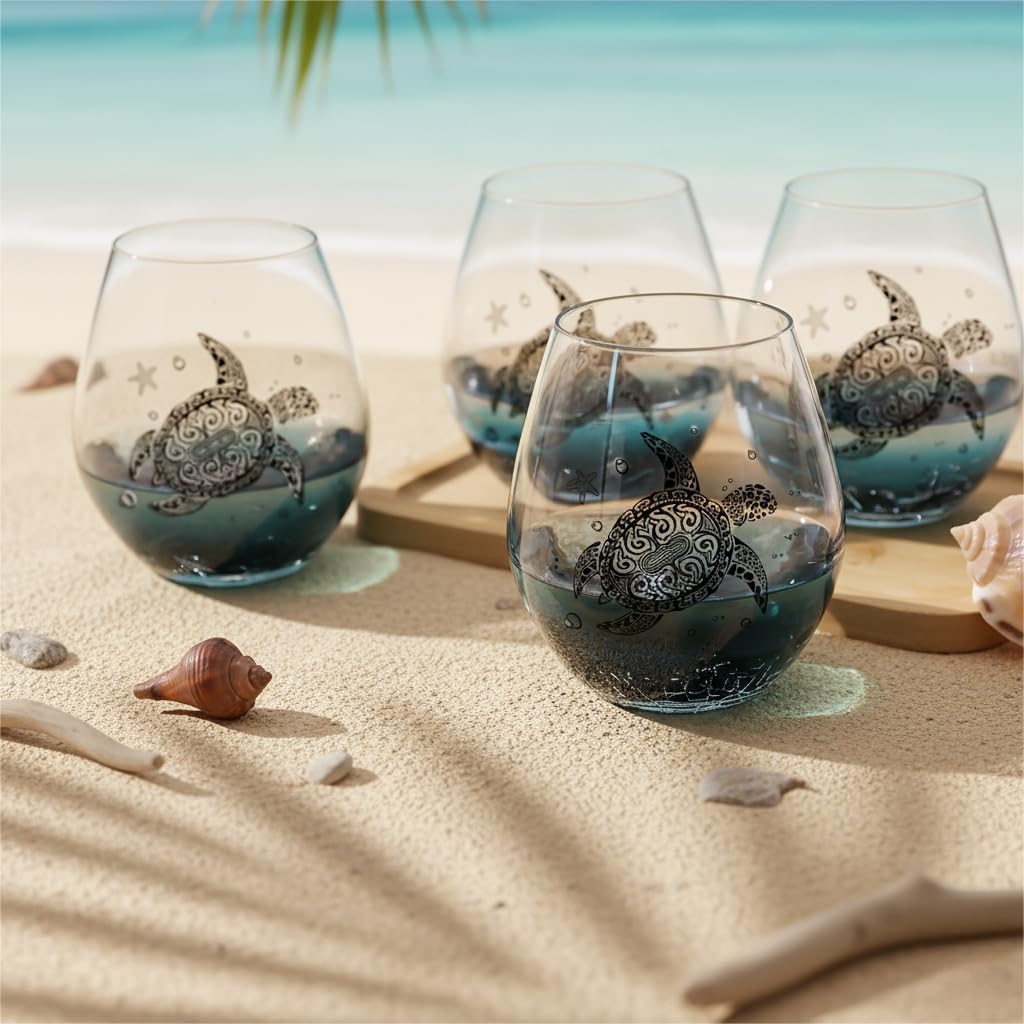 Sea Turtle Wine Glasses Set 4-13.3oz Crackle Teal Design, Hand blown Tortoise Wine Tumbler,Sea Turtle Gifts for Women, Birthday/Housewarming Gifts for Seaturtle Lovers(4Count, Black)