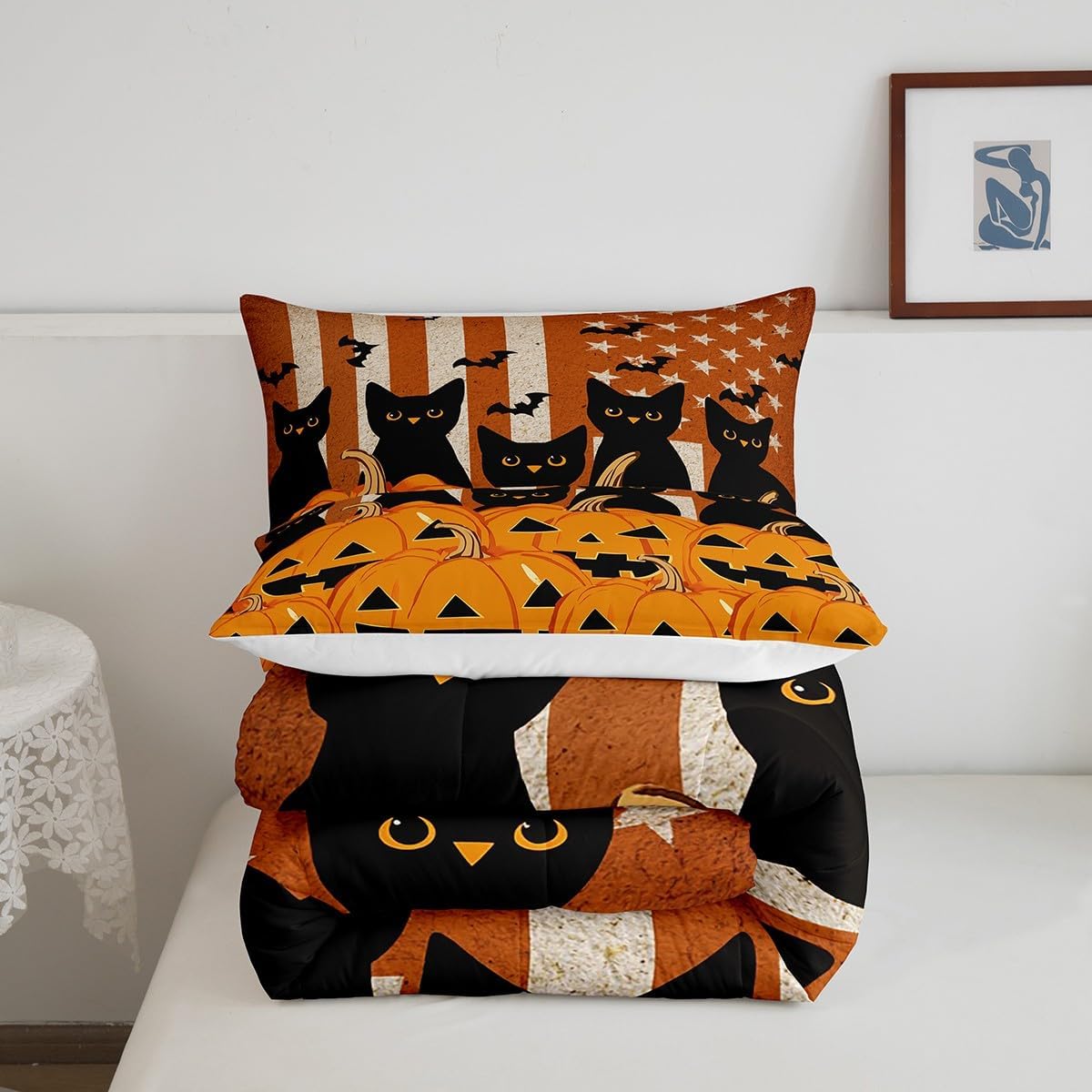 Feelyou Kids Black Cats Comforter Set Twin Size Halloween Pumpkin Lantern Comforter for Boys Girls Cute Kitten Scary Bats Decor Bedding Set American Flag Quilt with 1 Pillow Case Boys