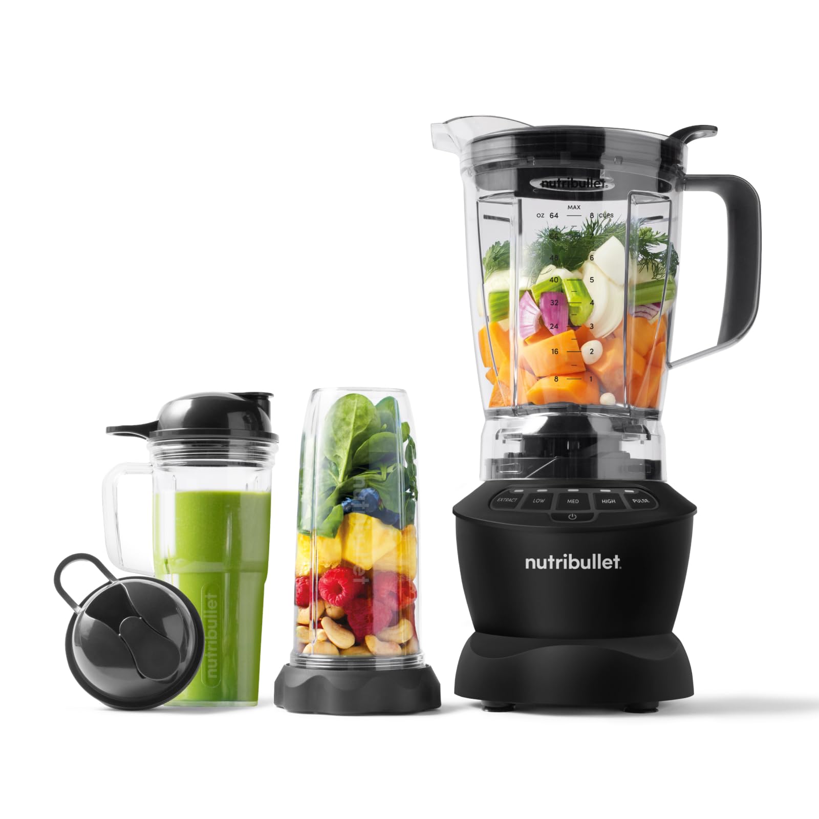 Nutribullet Full Size Blender Combo, mixeur électrique, broyeur multifonctionnel, professionnel, puissance 1200 Watt, carafe 1,​9l, verres 946ml et 710ml, noir, NBF500MB