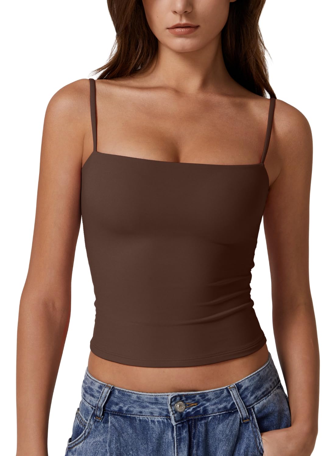 QINSEN Womens Double Lined Basic Tank Top Adjustable Spaghetti Straps Sleeveless Camisole Shirts