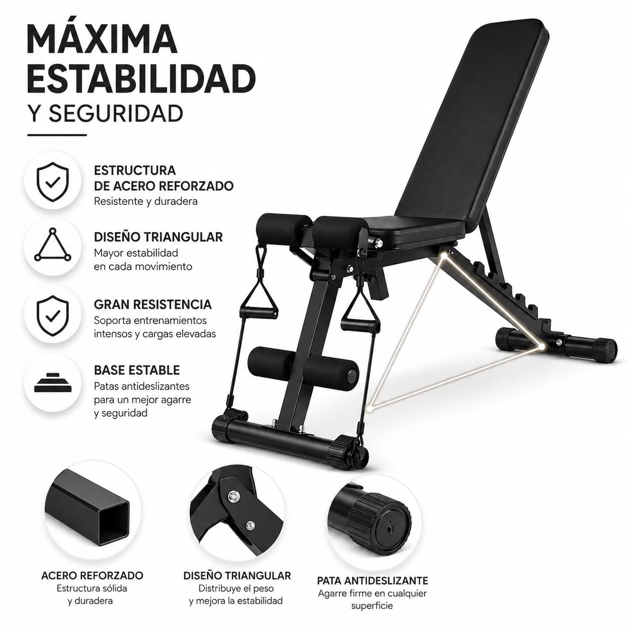 Banco de musculación plegable multifunción – Respaldo ajustable 7 posiciones, estructura triangular de acero, 2 bandas de resistencia incluidas – Banco fitness para casa