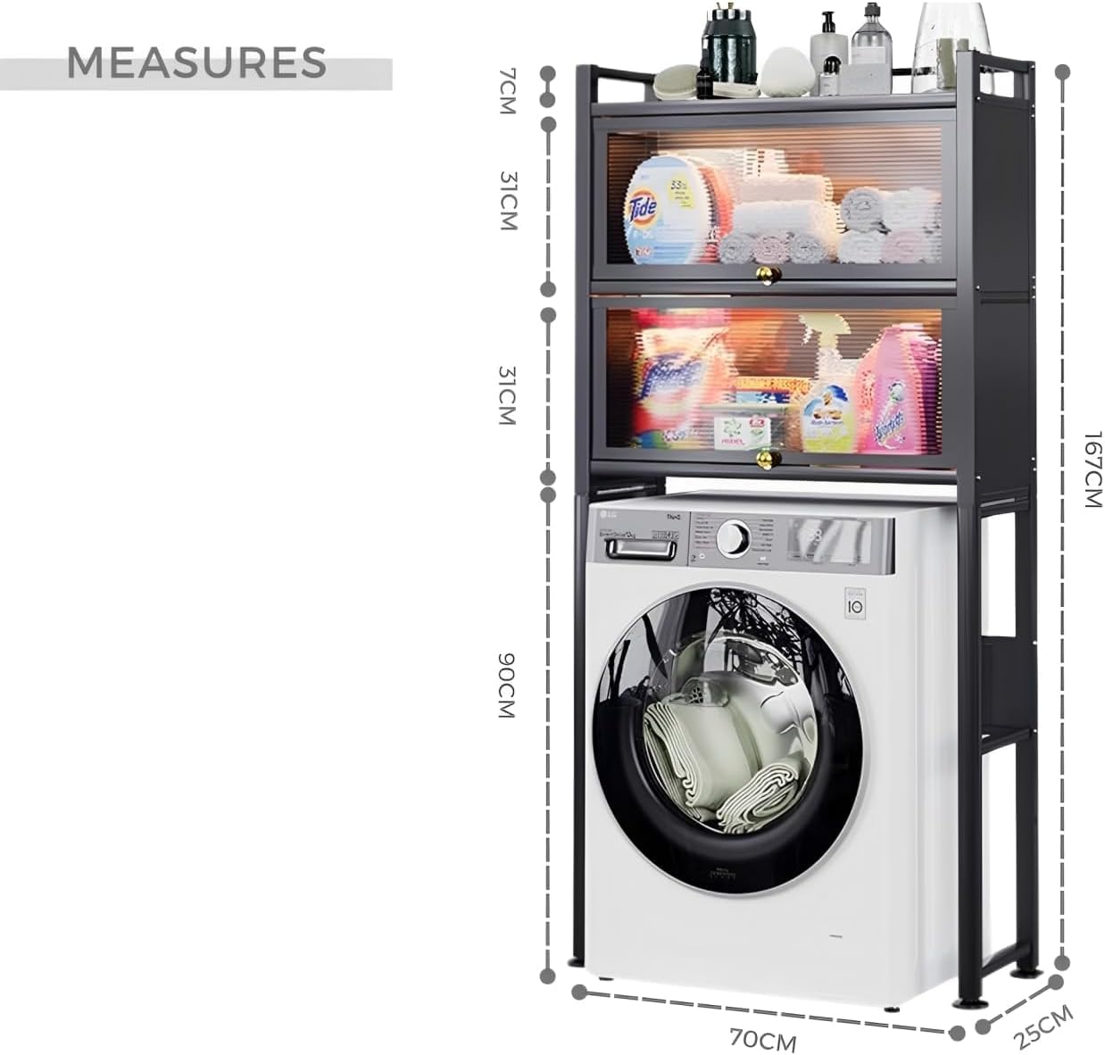 MAGIC SELECT Estantería sobre Lavadora con Puertas Abatibles, 3 Niveles, Impermeable