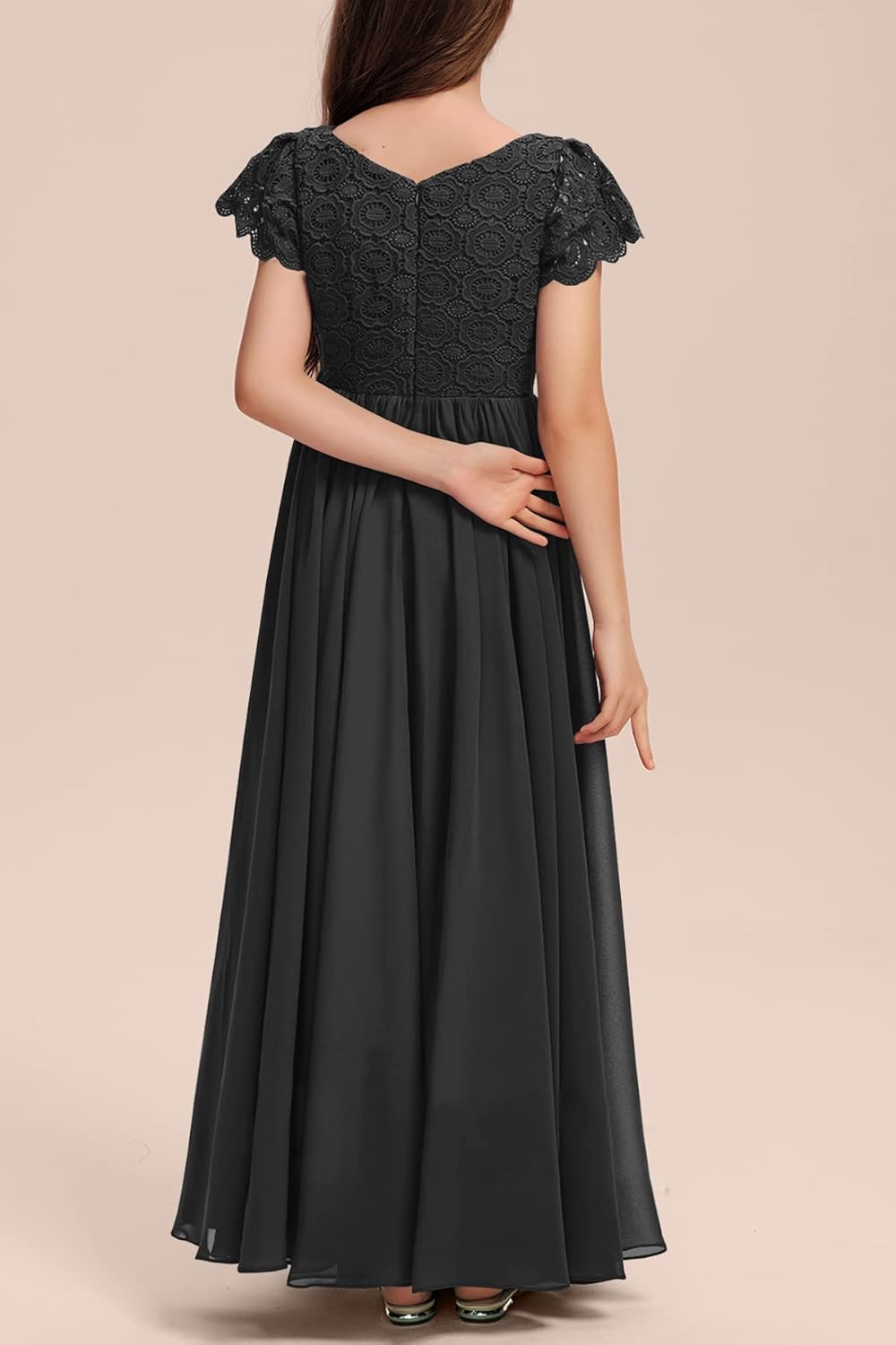 HOSIKA Girls Vintage Chiffon Ruffle Sleeve A-Line Wedding Party Maxi Junior Bridesmaid Dress for Kids 6-12 Years - Image 5