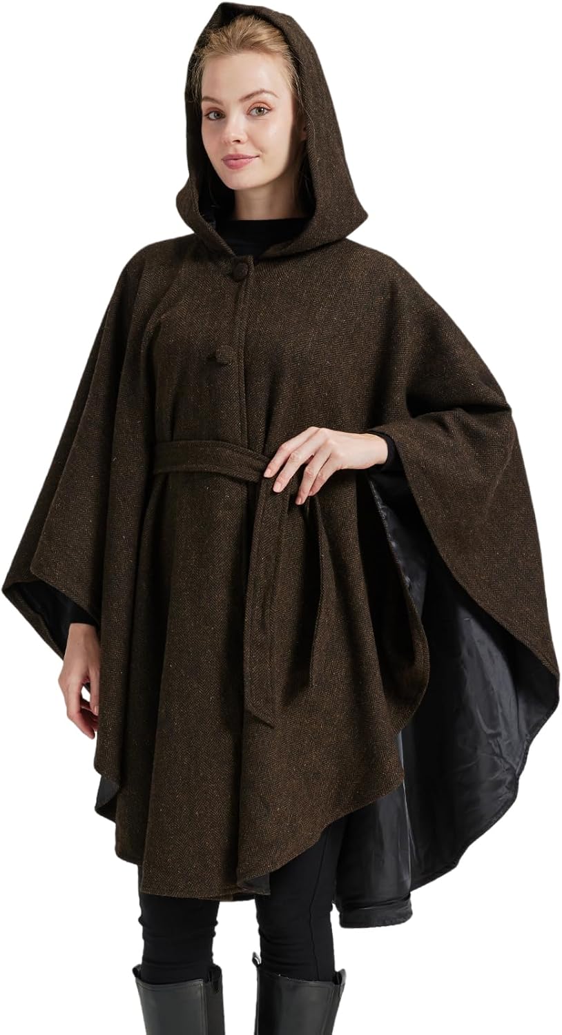 BEAUTELICATE Women Tweed Hooded Belted Cloak Buttons Closure Sleeveless Satin Lining Wool Poncho