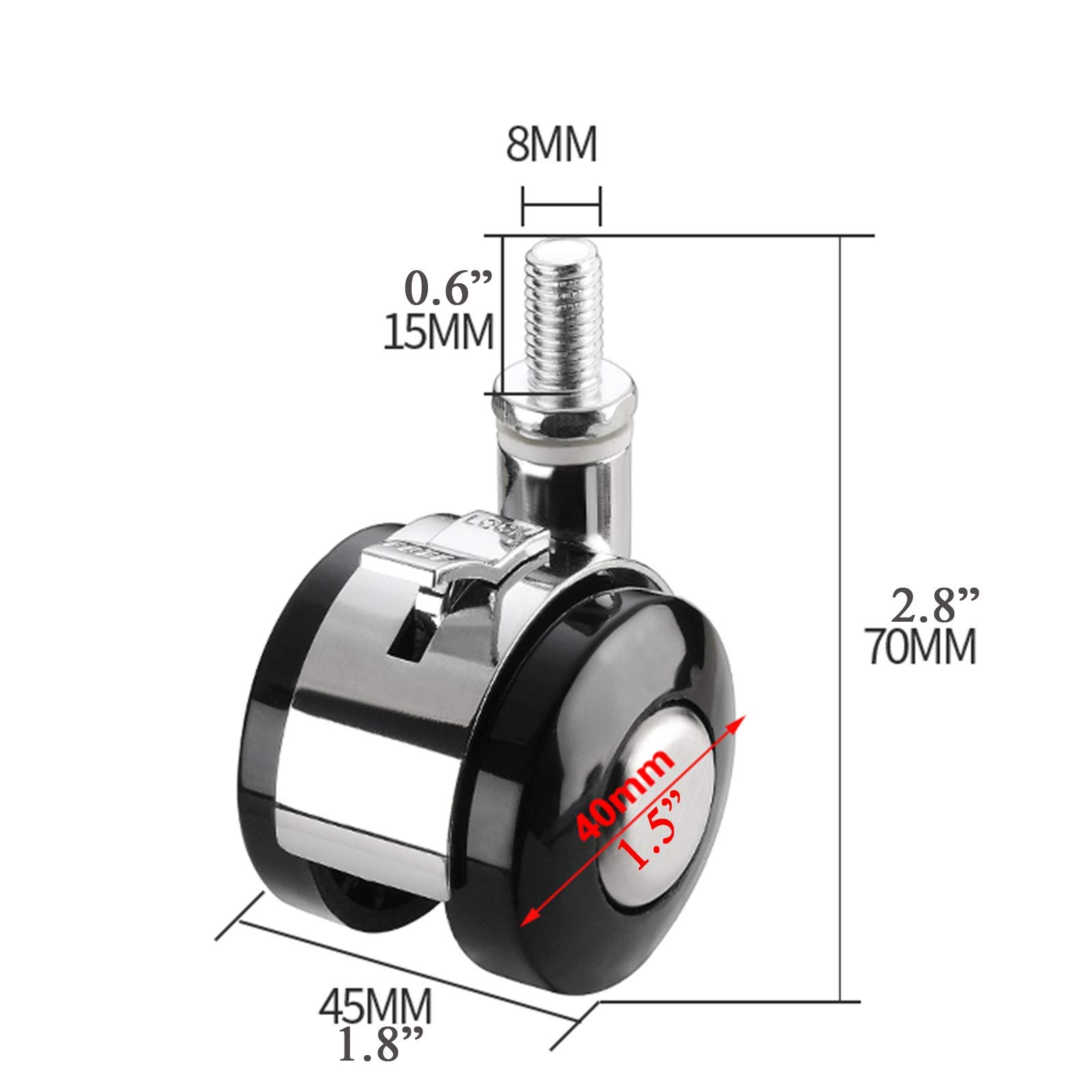 roulettes de Meubles, roulettes rotatives avec Freins, Roues de Remplacement, Roues 4X, Tige filetée M8/M10, faciles à remplacer et à Installer, Frein, 1,5 Pouces/M8