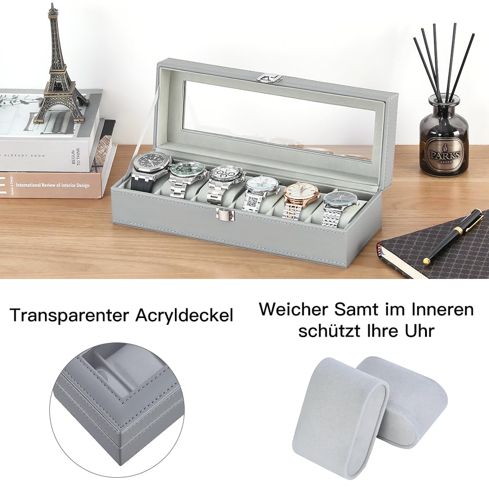 ANWBROAD Uhrenvitrine Mit 6 Fächern - Ebenholz Mit Glasdeckel - Uhrenbox Für Sammler & Accessoires