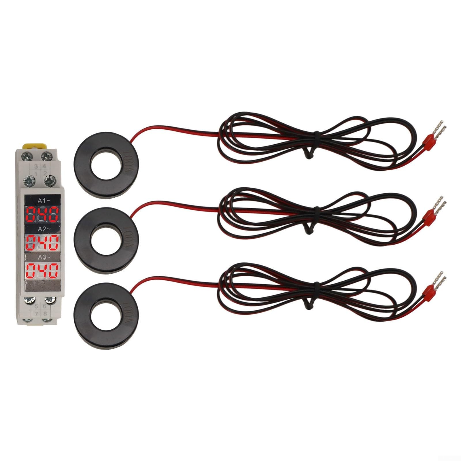Mini amperometro digitale trifase su guida DIN con display a LED, rilevamento corrente 1-100A, intervallo di tensione AC80-500V 50/60Hz per monitoraggio elettrico industriale o commerciale