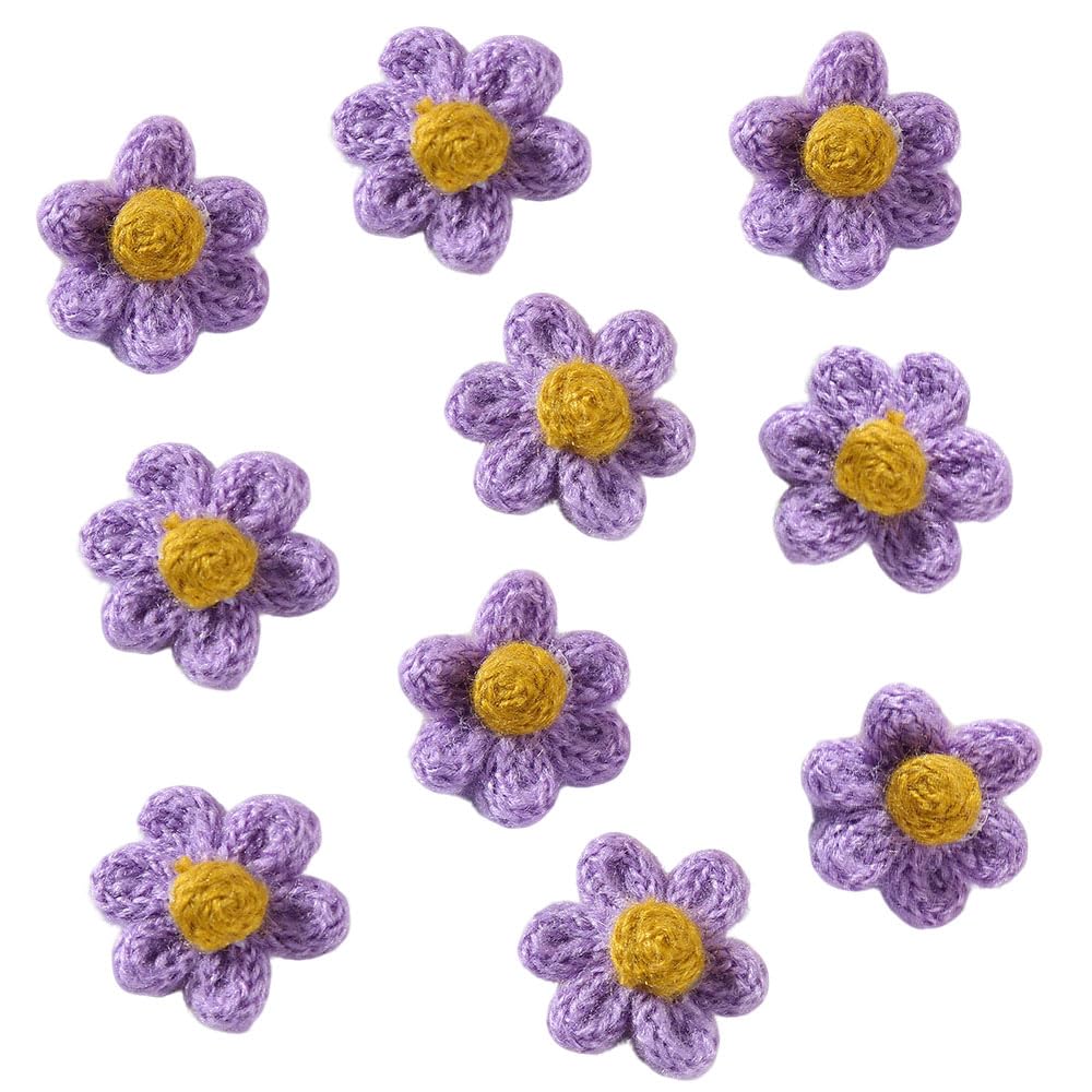 Leliafleury 10Pcs Purple Crochet Flower Appliques Embellishments Handmade Crochet Floral Petals for DIY Crafts Clothes Decoration
