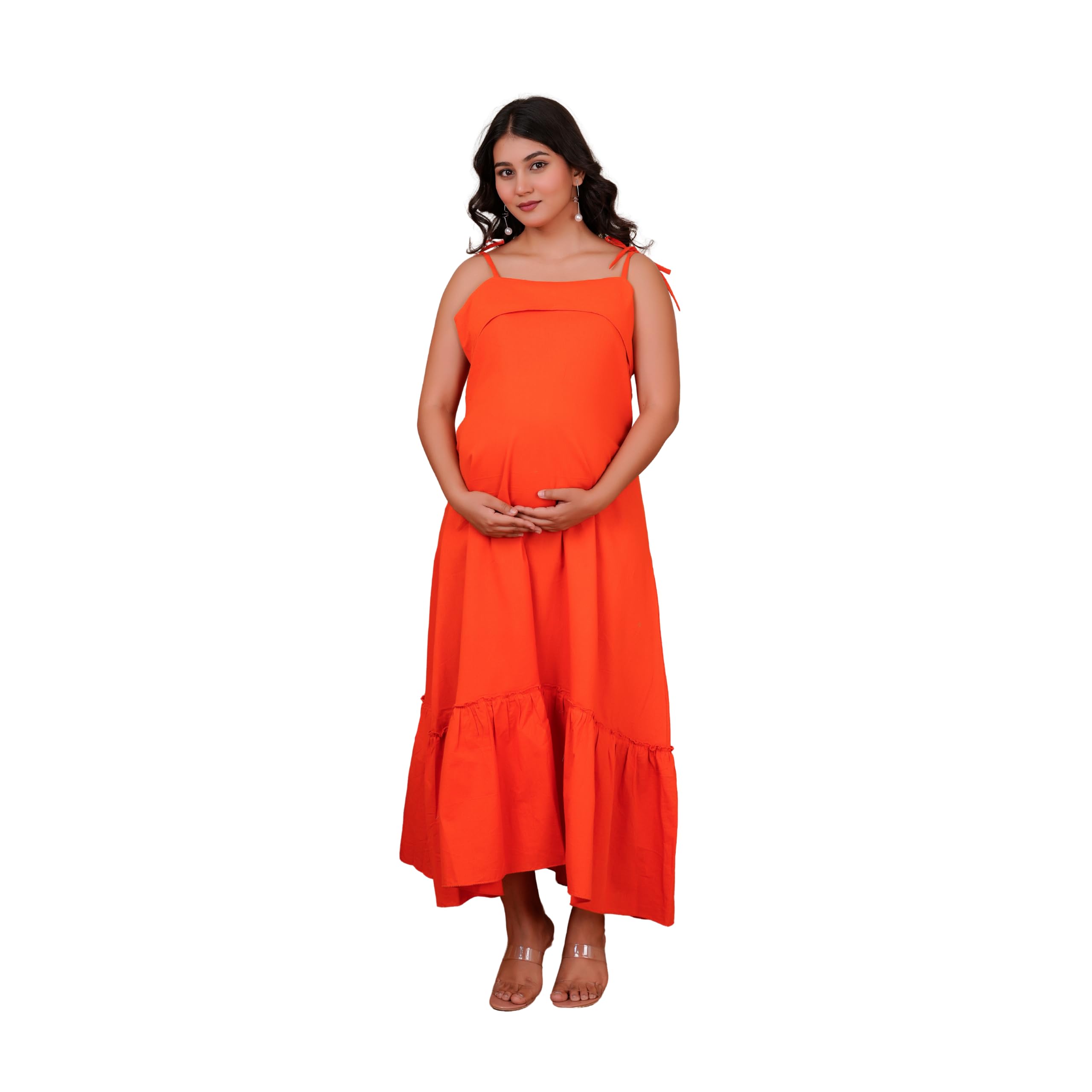 Maternity Maxi Dress, Sleeveless Strappy Style with Tiered Ruffle Hem, Cotton,Comfortable Pregnancy Fit Available in Pink & Orange-image-39