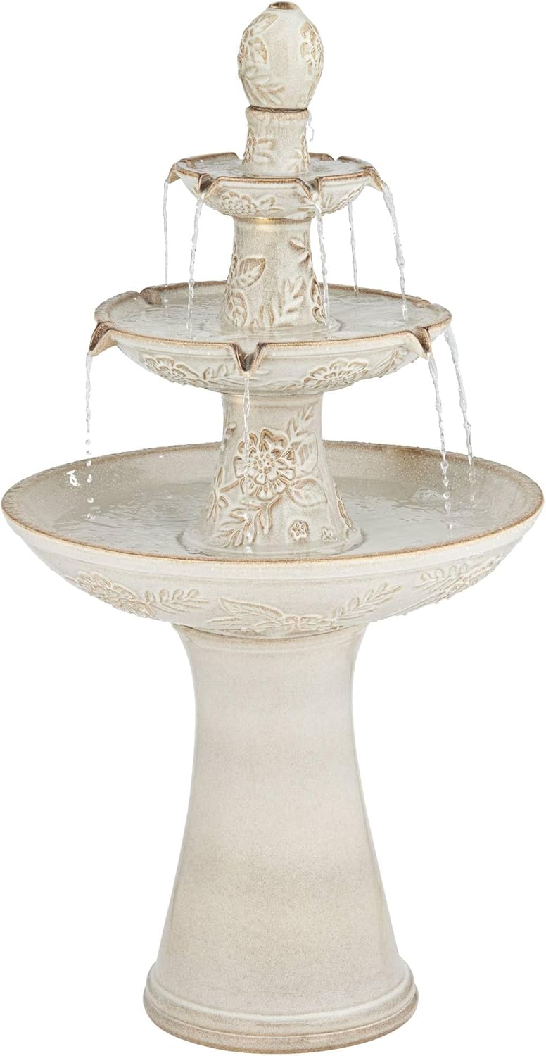 Formentera 45" High Large Italian Outdoor Decor Ceramic Floor Fountain with Light LED Waterfall 3-Tier Standing Basin Water Feature for Outside Garden Patio Yard Backyard Porch - John Timberland
