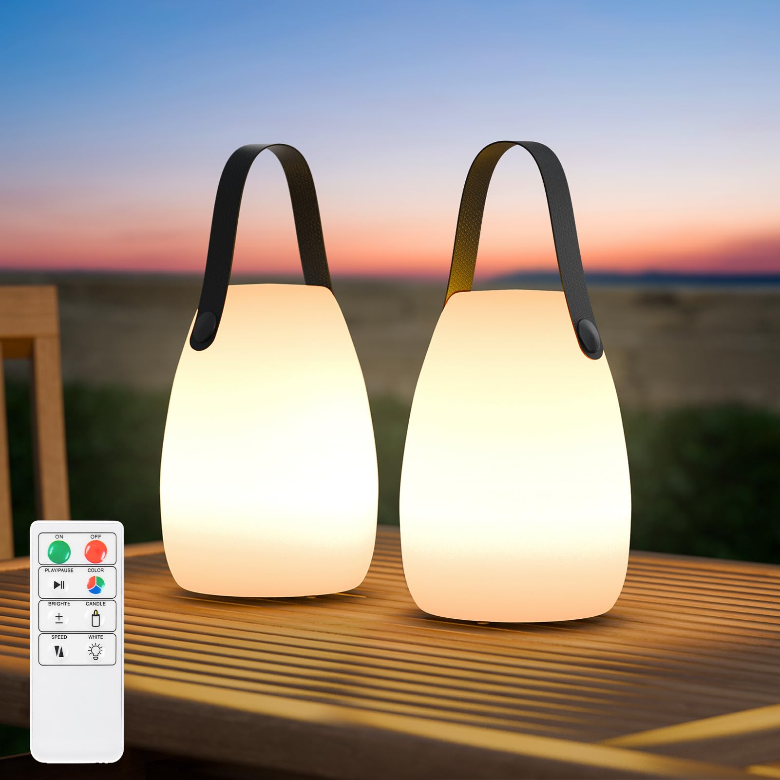 RWWR 2 Stück LED Outdoor Lampe Tischlampe Klein Kabellos Tischlampe 8 Farben Akku Tischleuchte Dimmbar mit Fernsteuerung IP44 für Camping Garten Balkon Terrasse (Trompete-Schwarz-Tragegriff)