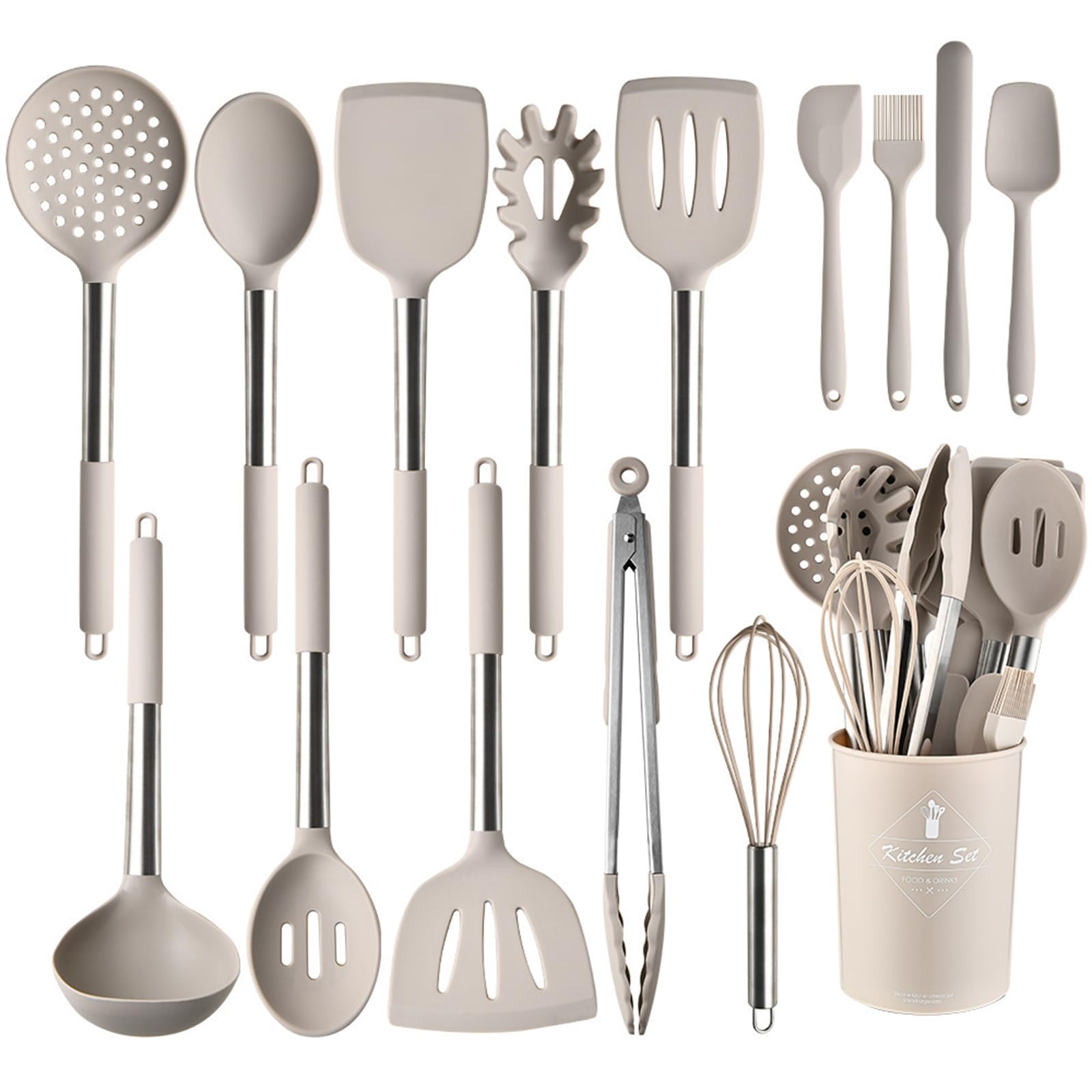 Silikon-Kochutensilien-Set, ungiftig, hitzebeständig, spülmaschinenfest mit Edelstahlgriffen, Küchenhelfer-Set mit Halter für antihaftbeschichtetes Kochgeschirr