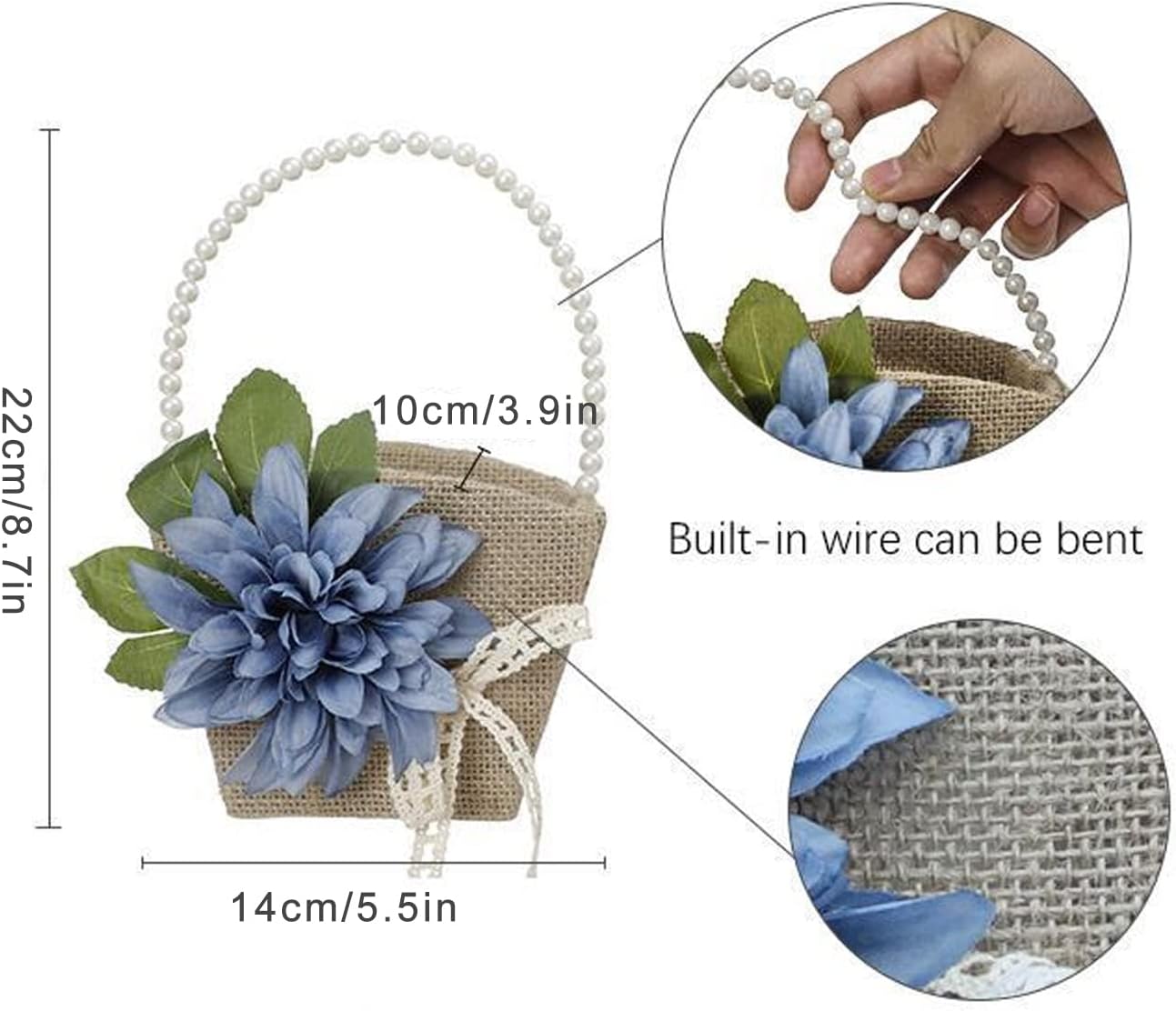 2 Pack Small Burlap Wedding Flower Girl Basket, Rustic Jute Flower Basket with Pearl Handle and Flower, Candy Gift Basket for Wedding Ceremony, Brown, 22 x 14 x 10 cm/8.7 x 5.5 x 3.9 inch